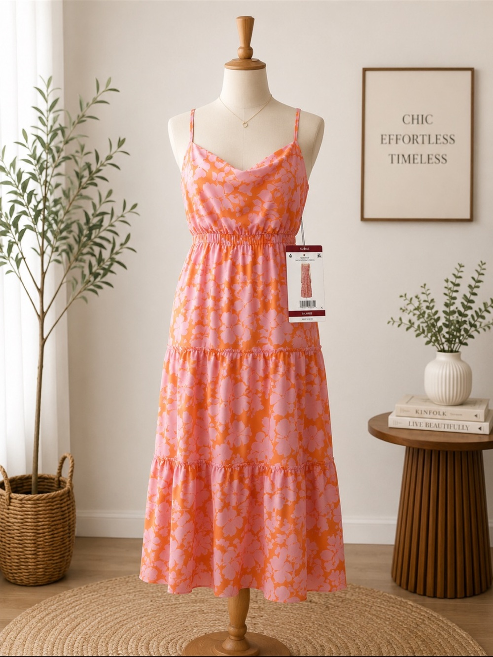 Smocked Waist Floral Tiered Midi Dress in Pink and Orange
